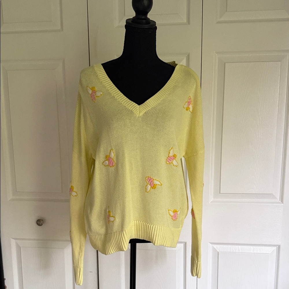Lilly Pulitzer Yellow V-Neck Sweater with Pink Floral Accents